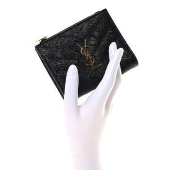 SAINT LAURENT Grain De Poudre Matelasse Chevron Monogram Zipped Card Case Black