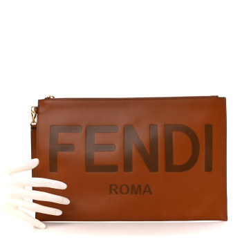 FENDI Vitello King Logo Embossed Large Flat Pouch Cuoio