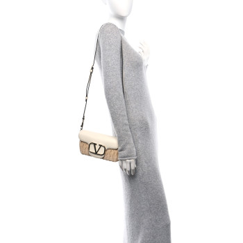 VALENTINO GARAVANI Wicker Calfskin Vlogo Small Loco Shoulder Bag Natural Ivory