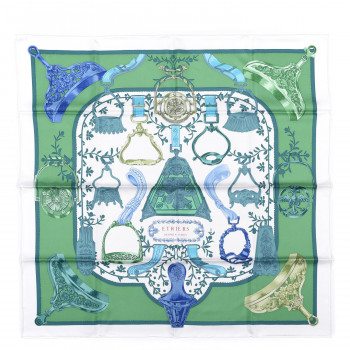 HERMES Silk Etriers Scarf 90 Vert White Turquoise
