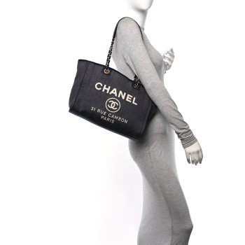 CHANEL Lurex Canvas Small Deauville Tote Navy Blue Gold