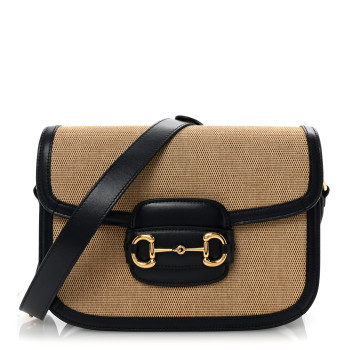 GUCCI Vintage Rice Canvas Plutone Calfskin Horsebit 1955 Shoulder Bag Beige Blue