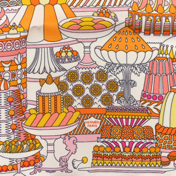 HERMES Silk La Patisserie Francaise Scarf 45 White Orange Jaune