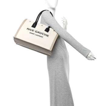 SAINT LAURENT Linen Calfskin Small Rive Gauche Tote Optic White