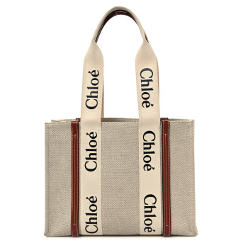 CHLOE Cotton Calfskin Medium Woody Ribbon Tote White Brown