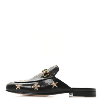 GUCCI Goatskin Bee Star Embroidered Womens Princetown Slippers 35.5 Black