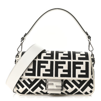 FENDI Canvas Vitello King FF Embroidered Baguette White Black