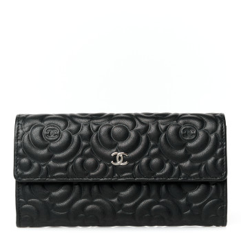 CHANEL Lambskin Embossed Camellia Large Gusset Flap Wallet Black