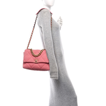 CHANEL Metallic Tweed Quilted Large Chanel 19 Flap Pink
