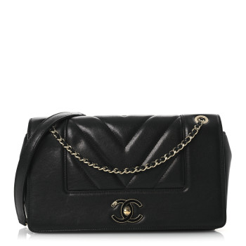 CHANEL Sheepskin Chevron Quilted Medium Vintage Mademoiselle Flap Black