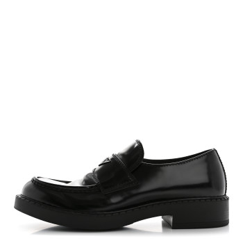 PRADA Spazzolato Metal Triangle Logo Mens 35mm Loafers 10 Black