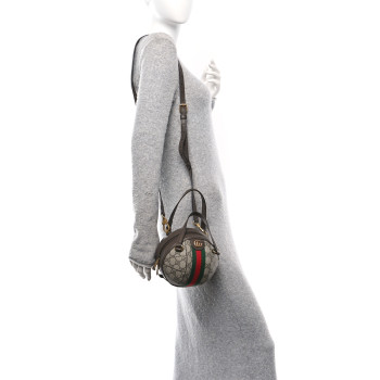 GUCCI GG Supreme Monogram Textured Dollar Calfskin Web Mini Ophidia Basketball Shaped Shoulder Bag Beige Ebony New Acero