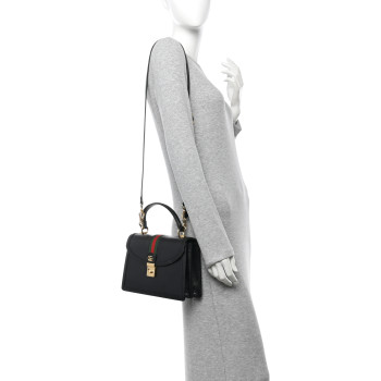 GUCCI Textured Dollar Calfskin Web Small Ophidia Padlock Top Handle Bag Black