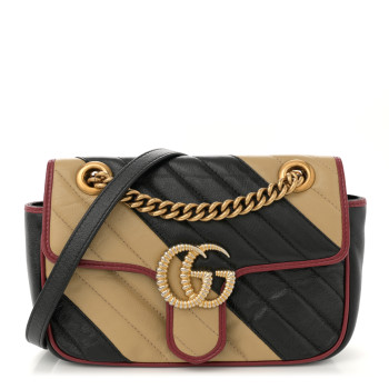 GUCCI Vintage Effect Calfskin Matelasse Diagonal Striped Mini Torchon GG Marmont Shoulder Bag Black Beige