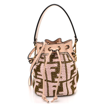 FENDI Raffia Vitello King F is Fendi FF Crochet Mini Mon Tresor Bucket Bag Natural Light Rose