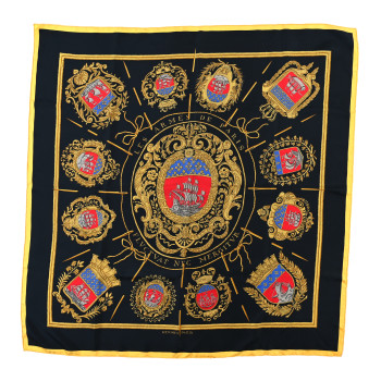 HERMES Silk Les Armes de Paris Scarf 90 Black Gold