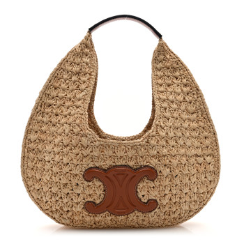 CELINE Raffia Calfskin Triomphe Panier Hobo Bag Natural Tan
