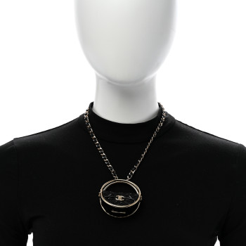 CHANEL Metal Resin Quilted Flap Bag Hoop Mirror Necklace Black Gold