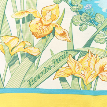 HERMES Silk Au Bord de L'Eau Scarf 90 Citron Turquoise Multicolor