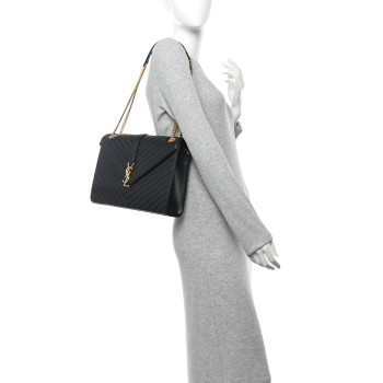 SAINT LAURENT Grain De Poudre Matelasse Chevron Large Monogram Satchel Black