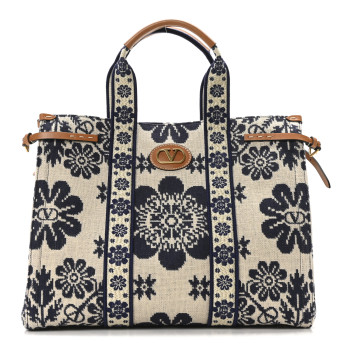 VALENTINO GARAVANI Jacquard Canvas Flower Vlogo Large Antibes Tote Ivory Navy Natural