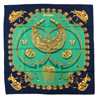 HERMES Silk Mousseline Les Cavaliers D'Or Scarf 90