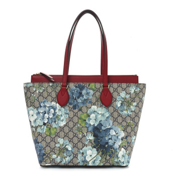 GUCCI GG Supreme Monogram Blooms Medium Zippered Bucket Tote Beige Blue Navy Hibiscus Red