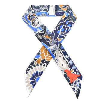 HERMES Silk Bingata Twilly Marine Tabac White