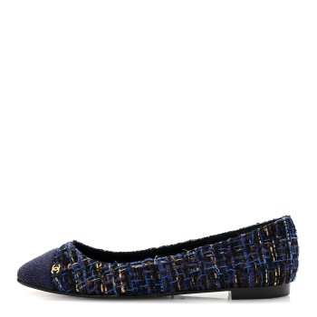 CHANEL Tweed Lambskin Cap Toe Ballerina Flats 40 Navy Blue Black