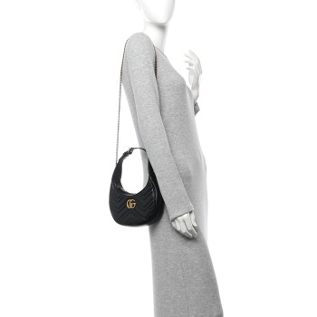 GUCCI Calfskin Matelasse Chevron Mini GG Marmont Half Moon Hobo Black