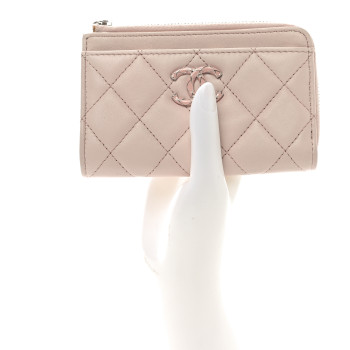 CHANEL Lambskin Enamel Quilted CC Zip Around Card Holder  Pink