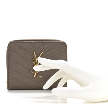 SAINT LAURENT Grain De Poudre Matelasse Chevron Monogram Compact Zip Around Wallet Dark Latte