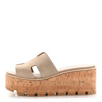 HERMES Suede Goatskin Cork Eze 30 Sandals 37 Beige Argile
