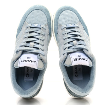 CHANEL Fabric Suede Calfskin Logo Sneakers 36 Light Blue Turquoise
