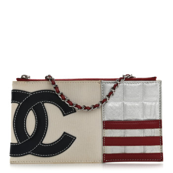 CHANEL Canvas Metallic Lambskin Quilted Flag CC Pochette White