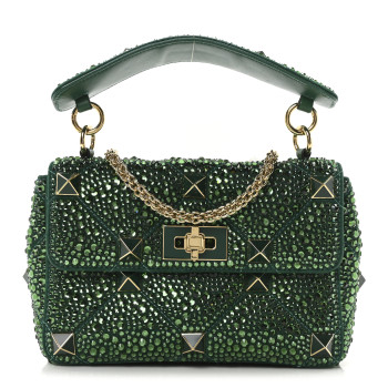 VALENTINO GARAVANI Crystal Suede Enamel Medium Roman Stud Shoulder Bag Green