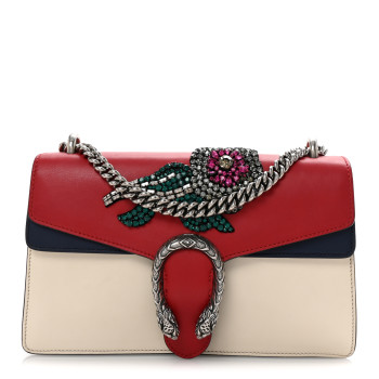 GUCCI Azalea Calfskin Tri-Color Crystal Embellished Small Dionysus Shoulder Bag Mystic White Hibiscus Red Navy