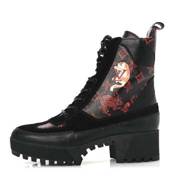 LOUIS VUITTON Suede Calfskin Catogram Laureate Platform Desert Boots 42 Black Marron