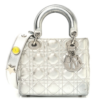 CHRISTIAN DIOR Metallic Grained Calfskin Cannage Small Lucky Badges My Lady Dior Silver