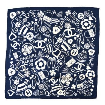 CHANEL Silk CC Scarf Navy Ivory