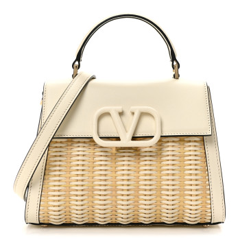 VALENTINO GARAVANI Wicker Calfskin Small VSling Top Handle Bag Natural White