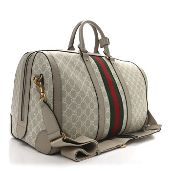 GUCCI GG Supreme Monogram Textured Dollar Calfskin Web Medium Savoy Duffle Bag Beige Mystic White Oatmeal