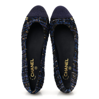 CHANEL Tweed Lambskin Cap Toe Ballerina Flats 40 Navy Blue Black