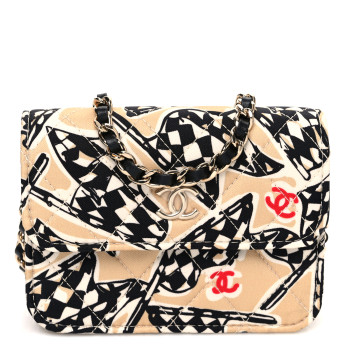 CHANEL Canvas Check Flag Printed CC Clutch With Chain Beige Multicolor