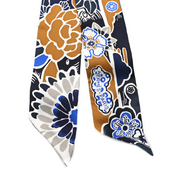 HERMES Silk Bingata Twilly Marine Tabac White