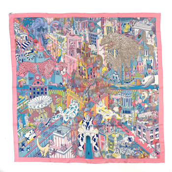 HERMES Silk Animapolis Scarf 140 Bubble Gum Bleu Jaune