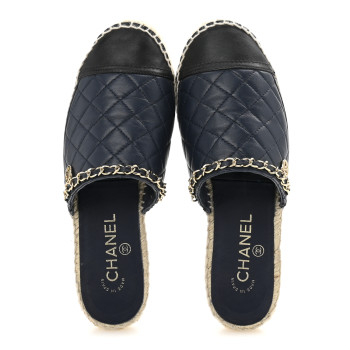 CHANEL Lambskin Quilted CC Chain Espadrille Mules 38 Navy Black