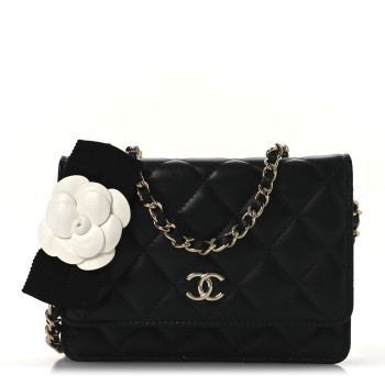 CHANEL Lambskin Quilted Mini Camellia Bow Wallet On Chain WOC Black