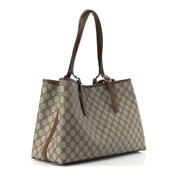 GUCCI GG Supreme Monogram Emblem Medium Tote Bag Beige Dark Brown