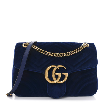 GUCCI Velvet Matelasse Medium GG Marmont Shoulder Bag Cobalt Blue